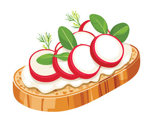 A delicious open-faced sandwich with soft-boiled egg and radish slices, garnished with fresh herbs, a healthy meal - Vector Illustration
