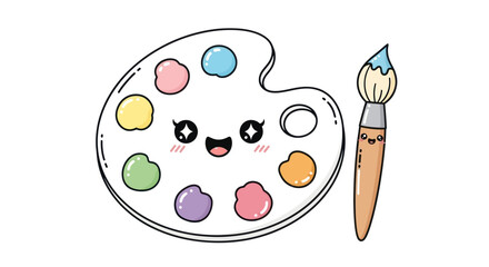 Kawaii Paint Palette with Paintbrush and Colorful Paints.
