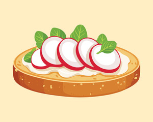 A fresh and light open-faced sandwich with creamy cheese spread and delicate radish slices, perfect for breakfast - Vector Illustration
