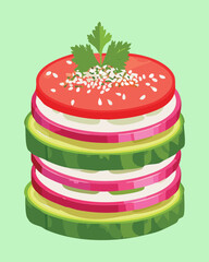 A colorful and stacked appetizer with layers of fresh vegetables, cheese, and a savory topping, a delicious snack - Vector Illustration
