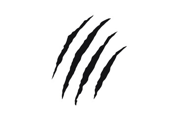 Black claw scratch mark design with four jagged slashes. Wild animal claw tearing effect for tattoos, decals, or graphic art. Symbol of strength, aggression, and primal power.