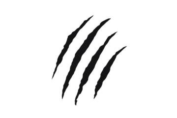 Black claw scratch mark design with four jagged slashes. Wild animal claw tearing effect for tattoos, decals, or graphic art. Symbol of strength, aggression, and primal power.