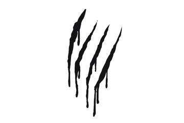 Black claw scratch mark design with four jagged slashes. Wild animal claw tearing effect for...