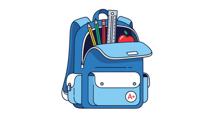 Cartoon Blue Backpack Filled with School Supplies.