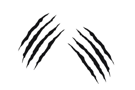 Twin claw scratch marks with jagged slashes in black. Animal-inspired ripped effect for tattoos, decals, and graphic design. Symbol of wild power, aggression, and beast energy.