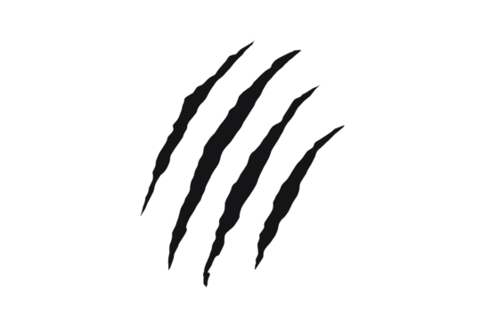 Black claw scratch mark design with four jagged slashes. Wild animal claw tearing effect for tattoos, decals, or graphic art. Symbol of strength, aggression, and primal power.