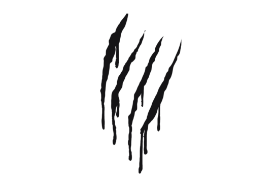 Black claw scratch mark design with four jagged slashes. Wild animal claw tearing effect for tattoos, decals, or graphic art. Symbol of strength, aggression, and primal power.