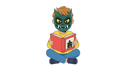 Fototapeta premium Cartoon child with monster mask reading a book.