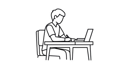 Line art illustration of a person working at a desk with a laptop and pen.