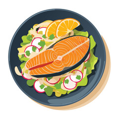 A beautifully cooked salmon fillet served with a fresh salad of red onion and lettuce, a healthy and light dish - Vector Illustration