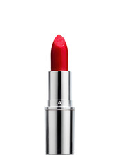 Fototapeta premium A vibrant red lipstick with a silver case, isolated on a transparent background