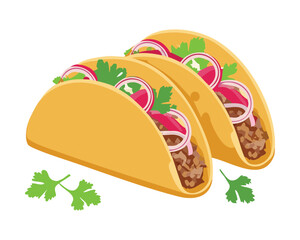 Two delicious tacos with a savory meat filling, topped with fresh onions and cilantro, a popular Mexican food - Vector Illustration