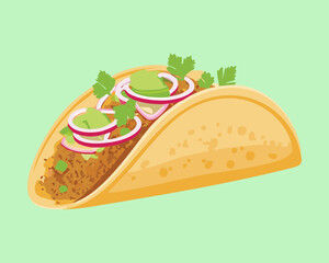 A single hard-shell taco filled with seasoned ground meat, chopped onions, and fresh cilantro, a quick and satisfying meal - Vector Illustration