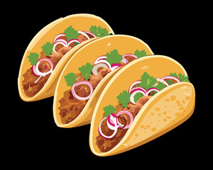 A trio of delicious tacos filled with savory ground meat, fresh onions, and cilantro, a classic Mexican dish - Vector Illustration