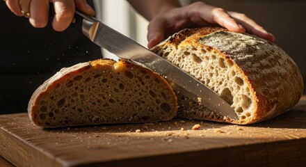 Slicing a Freshly Baked Loaf of Artisan Sourdough Bread