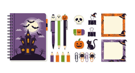 Halloween-Themed Stationery Set with Spooky Haunted House and Accessories.