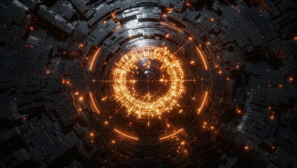 Concentric geometry and radiant metallic accents define this futuristic glowing orb - sci-fi illustration