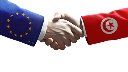 Handshake between European Union and Tunisia symbolizing diplomacy, cooperation, trade, and international relations.