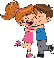 Cute cartoon boy and girl hugging, happy kids friendship illustration, adorable children showing love, affection, joy, smile, happiness together