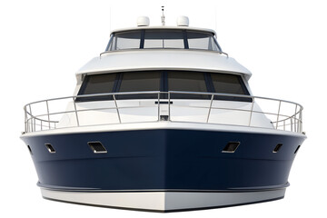 Naklejka premium Front view of a luxurious white and navy blue motor yacht with multiple decks isolated on transparent background
