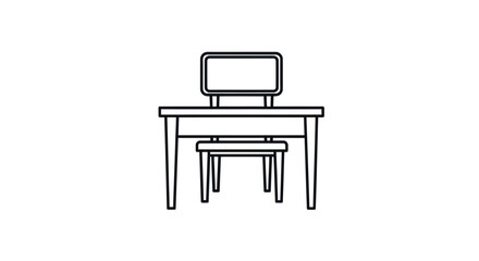 Simple black and white line art illustration of a wooden desk and chair.