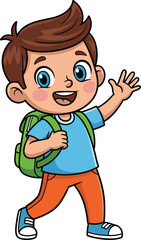 Happy cartoon school boy with backpack waving hand, smiling child walking to school, education illustration, learning character, student vector design