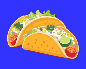 Two delicious Baja-style fish tacos piled high with vibrant vegetables, spicy salsa, and a tangy crema on a bright blue background - Vector Illustration	