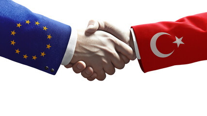 Handshake between European Union and Turkey symbolizing diplomacy, trade, cooperation, political relations, and international partnership.
