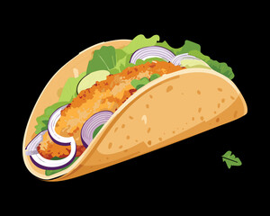 Crispy fried fish taco filled with cabbage slaw, creamy sauce, and fresh cilantro, a popular street food dish from Baja California - Vector Illustration	