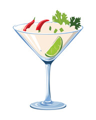 Classic Peruvian white fish ceviche dish served in a chilled martini glass, marinated in citrus juices with corn and sweet potato - Vector Illustration	