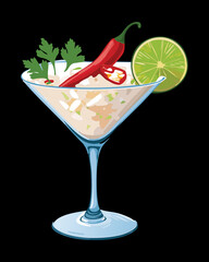 Zesty ceviche cocktail with diced white fish, chili peppers, cilantro, and lime juice served in an elegant martini glass at a party - Vector Illustration	