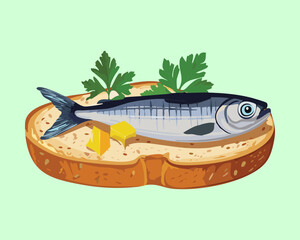 Delicious marinated sardine on a slice of rustic toasted bread served as a gourmet appetizer on a light green background - Vector Illustration	