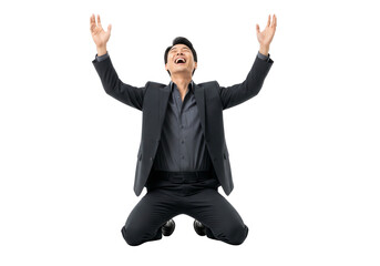 Asian Man Celebrating Success Joyfully With Arms Raised in Victory Isolated on Transparent Background