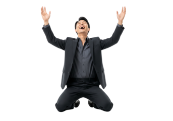 Asian Man Celebrating Success Joyfully With Arms Raised in Victory Isolated on Transparent Background