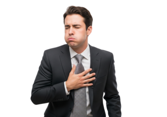Businessman expression relief deep breath exhaling chest holding isolated on transparent background