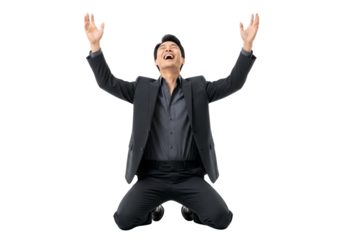 Asian Man Celebrating Success Joyfully With Arms Raised in Victory Isolated on Transparent Background - Powered by Adobe