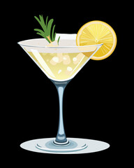 Classic clear or pale yellow martini cocktail in a V-shaped glass, expertly garnished with a lemon twist and served chilled with large ice cubes - Vector Illustration.