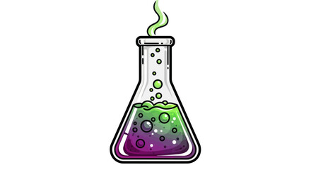 Erlenmeyer Flask with Bubbling Green and Purple Liquid and Rising Fumes.