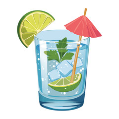 Festive and fun tropical cocktail, featuring a clear, chilled beverage, mint, lime slices, ice, and a small, playful paper parasol umbrella - Vector Illustration.