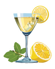 Sophisticated, pale yellow or white martini cocktail in a classic stemmed glass, garnished with a spiral of lemon peel and a sprig of mint - Vector Illustration.