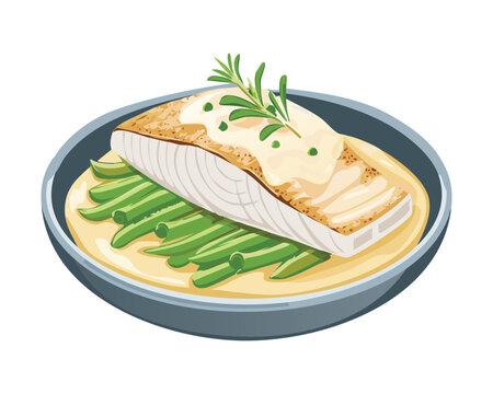 Elegantly plated, perfectly seared salmon portion served alongside vibrant, crisp green string beans on a clean white dinner plate - Vector Illustration.