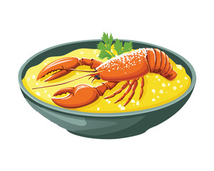 Hearty and smooth seafood chowder or bisque with a creamy yellow base, featuring a bright red lobster half, served in a dark green and brown bowl - Vector Illustration.