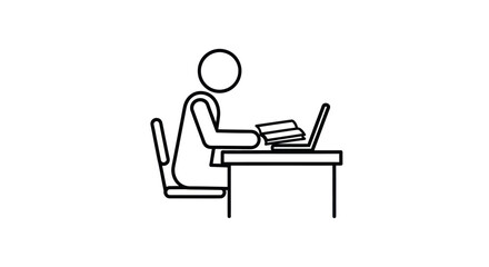 Line Art Icon of Person Studying at Desk with Laptop and Books.