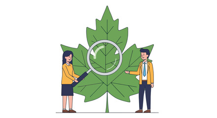 Examining a Large Green Maple Leaf with Magnifying Glass.