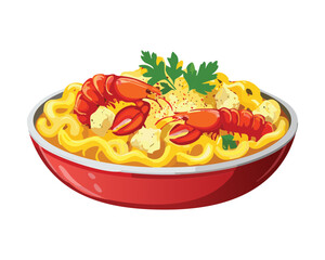 Indulgent lobster mac and cheese, served bubbling hot in a vibrant red serving bowl and garnished with fresh chopped parsley and a red claw - Vector Illustration.