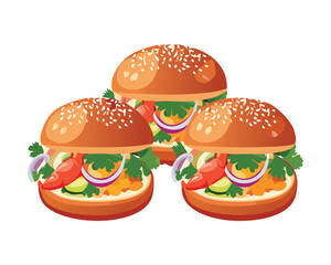 Perfectly arranged stack of three classic lobster or shrimp burgers, dressed with lettuce, onion, and a generous sprinkle of toasted sesame seeds on the bun - Vector Illustration.