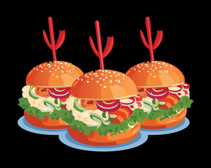 Trio of appetizing mini seafood sliders, featuring bright red lobster meat patties on sesame buns, held together by small black party picks - Vector Illustration.