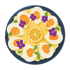Striking deviled egg platter, decorated with edible yellow and purple flowers, zesty lemon slices, and sweet orange segments in a floral pattern - Vector Illustration.