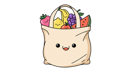 Adorable Kawaii Tote Bag Filled with Fresh Colorful Fruits.