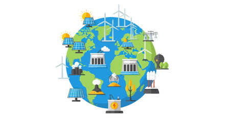 Planet Earth globe illustrating diverse global energy sources including wind turbines solar panels and hydroelectric dams.